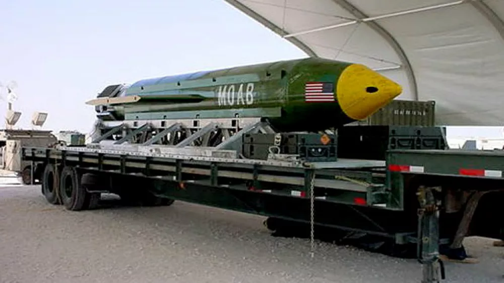 The GBU-43/B Massive Ordnance Air Blast (MOAB) bomb is pictured in this undated handout photo. Elgin Air Force Base/Handout via REUTERS ATTENTION EDITORS - THIS IMAGE WAS PROVIDED BY A THIRD PARTY. EDITORIAL USE ONLY.
