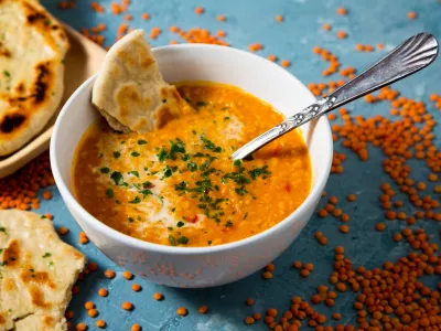 Red lentil soup with coconut milk and curry accompanied by naan bread sorrounded by uncooked lentils on a blue background