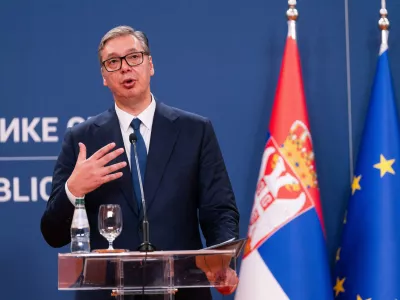 August 8, 2026, Belgrade, Central Serbia, Serbia: 202688, Belgrade, Serbia - Serbian President VUCIC ALEKSANDAR hosts Ukrainian President VOLODYMYR ZELENSKYY during his official visit to the Republic of Serbia at the Palace of Serbia. Serbian President VUCIC ALEKSANDAR addresses the media during a joint press conference. (Credit Image: &copy; Marko Dimic/ZUMA Press Wire)