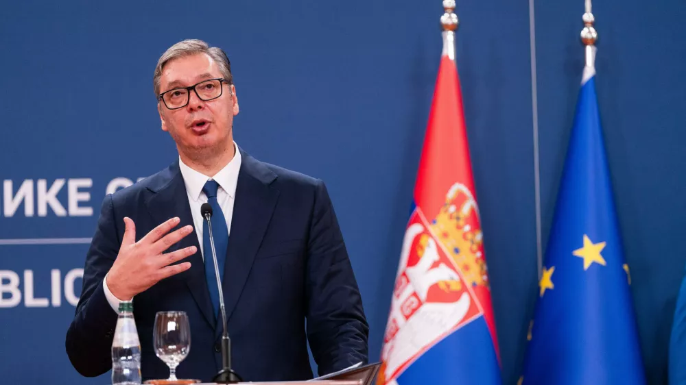 August 8, 2026, Belgrade, Central Serbia, Serbia: 202688, Belgrade, Serbia - Serbian President VUCIC ALEKSANDAR hosts Ukrainian President VOLODYMYR ZELENSKYY during his official visit to the Republic of Serbia at the Palace of Serbia. Serbian President VUCIC ALEKSANDAR addresses the media during a joint press conference. (Credit Image: &copy; Marko Dimic/ZUMA Press Wire)