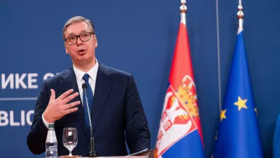 August 8, 2026, Belgrade, Central Serbia, Serbia: 202688, Belgrade, Serbia - Serbian President VUCIC ALEKSANDAR hosts Ukrainian President VOLODYMYR ZELENSKYY during his official visit to the Republic of Serbia at the Palace of Serbia. Serbian President VUCIC ALEKSANDAR addresses the media during a joint press conference. (Credit Image: &copy; Marko Dimic/ZUMA Press Wire)