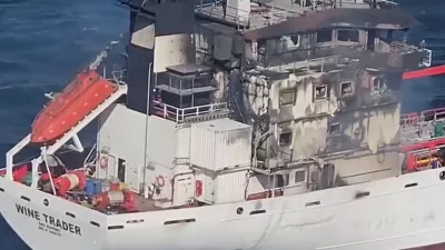 A screengrab from an aerial footage shows San Marino-flagged tanker wine trader ship that caught fire in Romanian territorial waters, released October 15, 2026. Romanian Interior Ministry/Handout via REUTERS THIS IMAGE HAS BEEN SUPPLIED BY A THIRD PARTY. NO RESALES. NO ARCHIVES. OVERLAY FROM SOURCE.