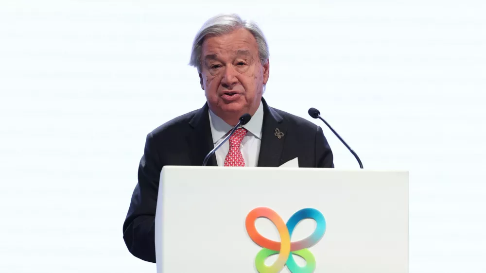 United Nations Secretary-General Antonio Guterres addresses a Leaders' Summit ahead of the start of the United Nations Biodiversity Conference, or COP17, in Yerevan, Armenia, Friday, Oct. 16, 2026. (Vahram Baghdasaryan/Photolure via AP)