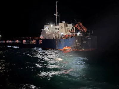 A view shows a vessel that was hit by a drone in the Black Sea, in this handout image released by the Bulgarian Interior Ministry on October 13, 2026. Bulgarian Interior Ministry/Handout via REUTERS ATTENTION EDITORS - THIS IMAGE HAS BEEN SUPPLIED BY A THIRD PARTY.   TPX IMAGES OF THE DAY