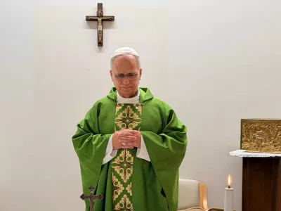 This picture, released by Vatican Media on Friday, Oct. 16, 2026, shows Pope Leo XIV celebrating Mass at the Agostino Gemelli Polyclinic in Rome, where he is recovering after having cancer removed from his right lung. (Vatican Media via AP)