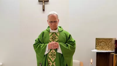 This picture, released by Vatican Media on Friday, Oct. 16, 2026, shows Pope Leo XIV celebrating Mass at the Agostino Gemelli Polyclinic in Rome, where he is recovering after having cancer removed from his right lung. (Vatican Media via AP)