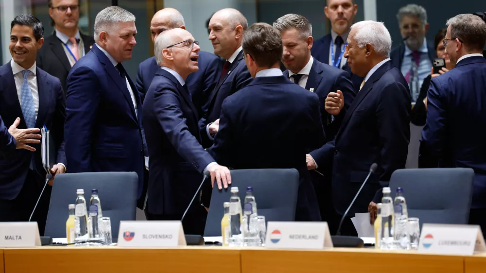 From left, Netherland's Prime Minister Rob Jetten, Slovakia's Prime Minister Robert Fico, Luxembourg's Prime Minister Luc Frieden, Bulgaria's Prime Minister Rumen Radev, Sweden's Prime Minister Ulf Kristersson, Hungary's Prime Minister Peter Magyar and European Council President Antonio Costa during a round table meeting at the EU summit in Brussels, Friday, Oct. 16, 2026. (AP Photo/Geert Vanden Wijngaert)