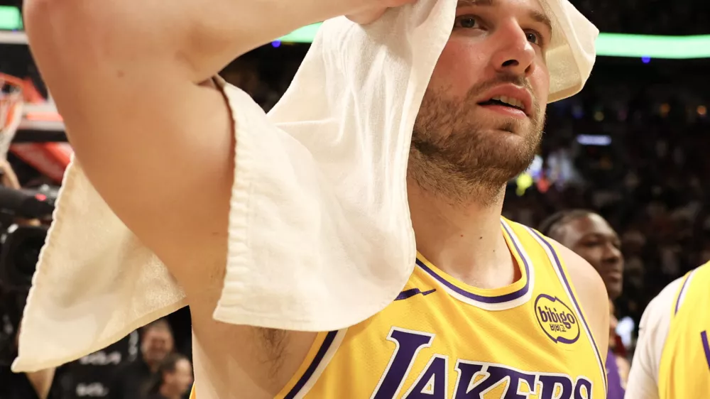 Mar 19, 2026; Miami, Florida, USA; Los Angeles Lakers guard Luka Doncic (77) after 60 point game against the Miami Heat at Kaseya Center. Mandatory Credit: Isabella Frias-Imagn Images