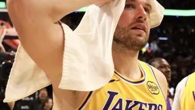 Mar 19, 2026; Miami, Florida, USA; Los Angeles Lakers guard Luka Doncic (77) after 60 point game against the Miami Heat at Kaseya Center. Mandatory Credit: Isabella Frias-Imagn Images