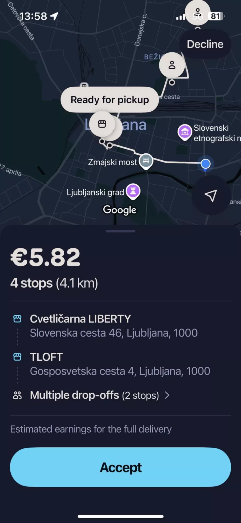 Zaslužek dostavljalca za dostavo na 4 km oddaljeno destinacijo po stavki, v času ljubljanskega maratona. Foto: arhiv dostavljalcev