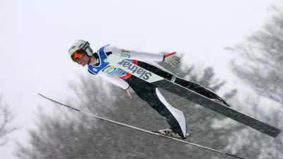 Domen Prevc of Slovenia in action during the men's team flying trial round at the Nordic skiing/ski jumping World Championships in Oberstdorf, Germany, Sunday Jan. 25, 2026. (Karl-Josef Hildenbrand/dpa via AP)