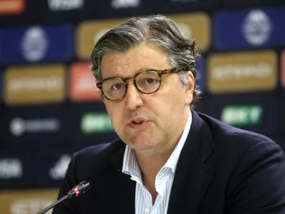 ATHENS, GREECE - MAY 23: EuroLeague Basketball President Dejan Bodiroga and CEO Chus Bueno (not seen) attend a press conference held at OAKA Arena in Athens, Greece on May 23, 2026. Bodiroga and Bueno apologized to Fenerbahce Beko fans for organizational issues that occurred during the Olympiacos v Fenerbahce Beko Final Four match played in Athens yesterday. Ayhan Mehmet / Anadolu/ABACAPRESS.COM,Image: 1104648222, License: Rights-managed, Restrictions:, Model Release: no 
