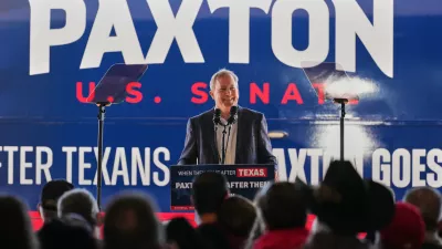 Republican U.S. Senate candidate Texas Attorney General Ken Paxton speaks to attendees as he kicks off his campaign's bus tour during an event at the Rockwall Municipal Airport Saturday, Oct. 17, 2026, in Rockwall, Texas. (AP Photo/Tony Gutierrez)