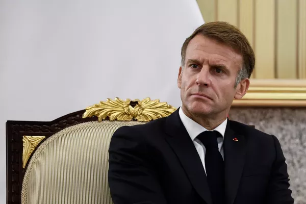 French President Emmanuel Macron attends an agreement-signing ceremony with the Emir of Kuwait Sheikh Meshal Al-Ahmad Al-Jaber Al-Sabah (not pictured), at Bayan Palace in Kuwait City, Kuwait, October 19, 2026. REUTERS/Benoit Tessier/Pool