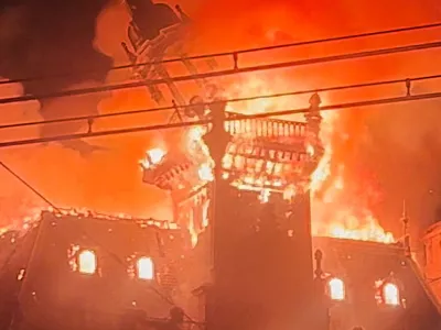 Fire in Limoges city hall amid protests, in Limoges, France, October 17, 2026, in this screengrab from a video obtained from social media. Lucas Destrem/via REUTERS THIS IMAGE HAS BEEN SUPPLIED BY A THIRD PARTY. MANDATORY CREDIT. NO RESALES. NO ARCHIVES. THIS IMAGE WAS PROCESSED BY REUTERS TO ENHANCE QUALITY, AN UNPROCESSED VERSION HAS BEEN PROVIDED SEPARATELY. TPX IMAGES OF THE DAY    VERIFICATION Reuters verified the location of the video from original file metadata and building structure that matched archive and satellite imagery of the area. The date matched Reuters reporting of a fire in Limoges city hall on October 17.