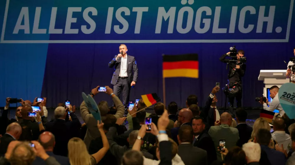 FILE PHOTO: Top candidate of the far-right Alternative for Germany (AfD) Ulrich Siegmund speaks at the AfD election party after polls closed in the Saxony-Anhalt state elections and exit polls were announced, in Magdeburg, Germany, September 6, 2026. REUTERS/Fabrizio Bensch/File Photo