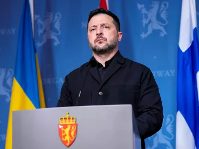 Ukrainian President Volodymyr Zelenskiy attends a press conference with Norwegian Prime Minister Jonas Gahr Store and Finnish President Alexander Stubb (not pictured) in Oslo, Norway, October 20, 2026. NTB/Cornelius Poppe/via REUTERS  ATTENTION EDITORS - THIS IMAGE WAS PROVIDED BY A THIRD PARTY. NORWAY OUT. NO COMMERCIAL OR EDITORIAL SALES IN NORWAY.
