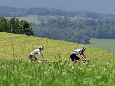 June 13, 2025, France, France: Tadej POGACAR and Pavel SIVAKOV, UAE Team Emirates - XRG, during the Criterium du Dauphine - Valserhone > Combloux - 06/13/2025 - Stage 6 - 126,7 km - during Criterium du Dauphine 2025 - Stage 6, Street Cycling race in France, France, June 13 2025,Image: 1010510726, License: Rights-managed, Restrictions: * Italy Rights Out *, Model Release: no 