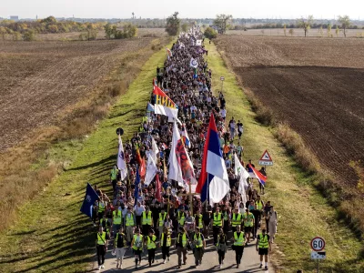 An aerial view of students marching through the fields in northern Serbia, as they go to Novi Sad for a huge rally on Nov. 1 marking the first anniversary of a train station disaster that killed 16 people, in Indjija, Serbia, Friday, Oct. 31, 2025. (AP Photo/Armin Durgut)