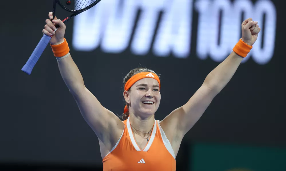 Czech Republic's Karolina Muchova reacts winning the Qatar Open tennis fina against Canada's Victoria Mboko in Doha, Qatar, on Saturday, Feb. 14, 2026. (AP Photo/Hussein Sayed)