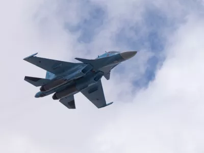 MOSCOW, RUSSIA - MAY 7, 2021: Avia parade in Moscow. jet fighter aircraft Su-30 in the sky on parade of Victory in World War II in Moscow, Russia