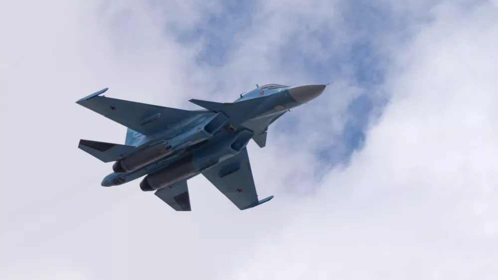 MOSCOW, RUSSIA - MAY 7, 2021: Avia parade in Moscow. jet fighter aircraft Su-30 in the sky on parade of Victory in World War II in Moscow, Russia