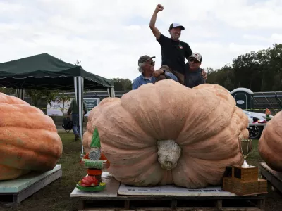 Richmond, RI - October 8: Steve Sperry, center, is lifted in the air by Joe Jutras, left, and Ron Wallace, right, after Sperry's pumpkin set a personal best weight of 2,465.5 lbs at the weigh-off at Pasquale Farm. (Photo by Tanner Pearson/The Boston Globe via Getty Images)