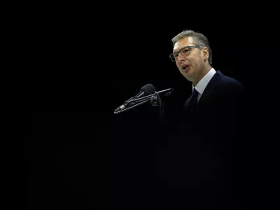 Serbia's former President and the ruling Serbian Progressive Party (SNS) candidate for prime minister Aleksandar Vucic speaks during his pre-election rally at Liberty Square in Novi Sad, Serbia, October 16, 2026. REUTERS/Marko Djurica