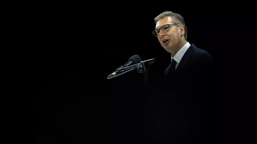 Serbia's former President and the ruling Serbian Progressive Party (SNS) candidate for prime minister Aleksandar Vucic speaks during his pre-election rally at Liberty Square in Novi Sad, Serbia, October 16, 2026. REUTERS/Marko Djurica