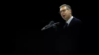Serbia's former President and the ruling Serbian Progressive Party (SNS) candidate for prime minister Aleksandar Vucic speaks during his pre-election rally at Liberty Square in Novi Sad, Serbia, October 16, 2026. REUTERS/Marko Djurica