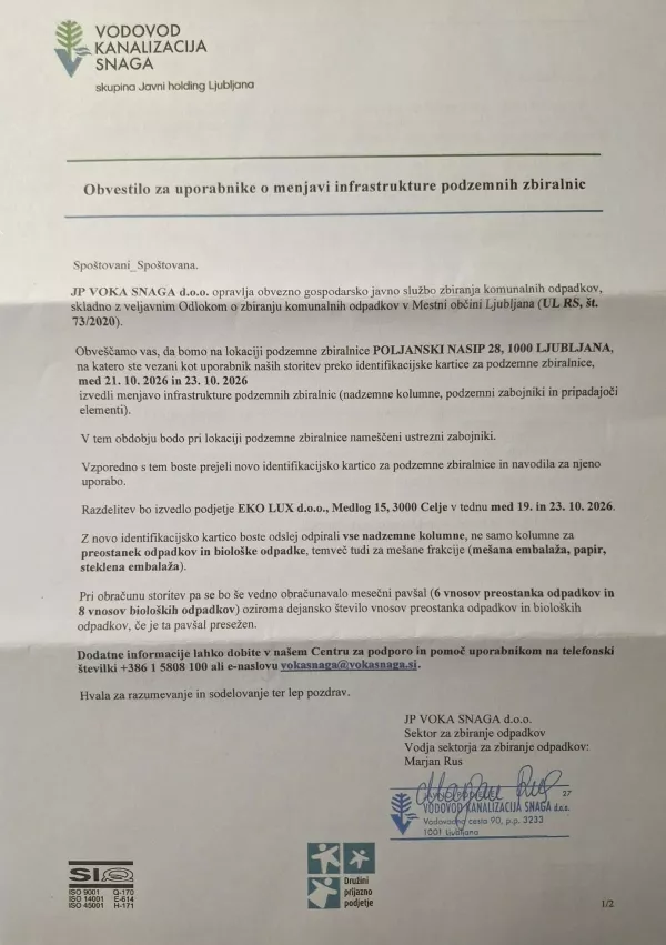 Voka Snaga, obvestilo, podzemne, smeti, odadki,
