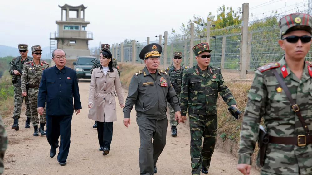 In this photo provided Wednesday, Oct. 21, 2026, by the North Korean government, Kim Yo Jong, center left, sister of North Korean leader Kim Jong Un, visits frontline areas, with military officials, in North Korea Tuesday, Oct. 20, 2026. Independent journalists were not given access to cover the event depicted in this image distributed by the North Korean government. The content of this image is as provided and cannot be independently verified. (Korean Central News Agency/Korea News Service via AP)
