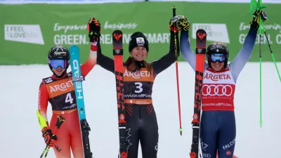 Alpine Skiing - FIS Alpine Ski World Cup - Women's Giant Slalom - Kranjska Gora, Slovenia - January 6, 2024 Canada's Valerie Grenier celebrates after winning the Women's Giant Slalom alongside second placed Switzerland's Lara Gut-Behrami and third placed Italy's Federica Brignone REUTERS/Borut Zivulovic