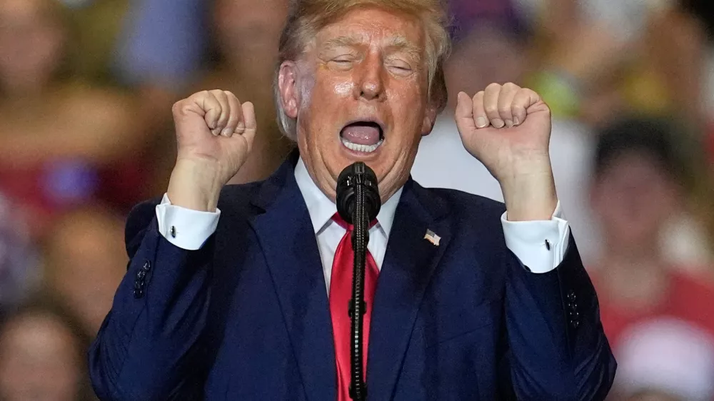 President Donald Trump speaks at a campaign rally at the T. Ed Garrison Arena, Wednesday, Oct. 21, 2026, in Pendleton, S.C. (AP Photo/Mike Stewart)