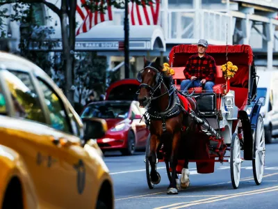 A horse pulls a carriage through traffic at 59th Street in New York City, US, October 21, 2026. REUTERS/Eduardo Munoz