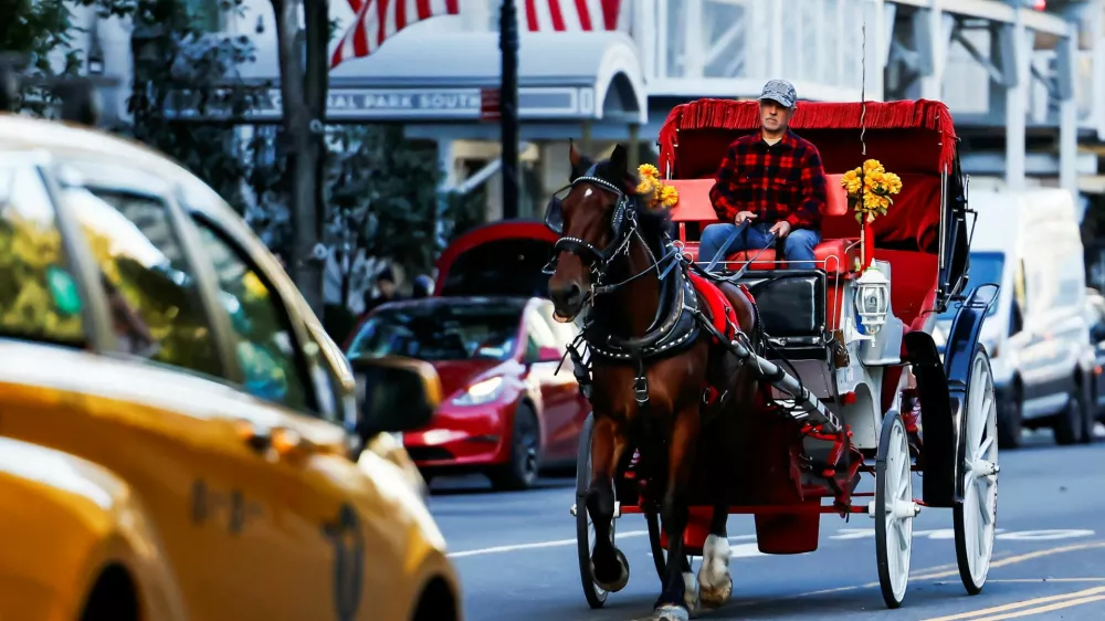 A horse pulls a carriage through traffic at 59th Street in New York City, US, October 21, 2026. REUTERS/Eduardo Munoz