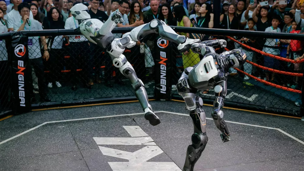 Robots fight during an MMA-style performance at Engine AI booth at the 2026 World Robot Conference, in Beijing, China, August 19, 2026. REUTERS/Maxim Shemetov Purchase Licensing Rights