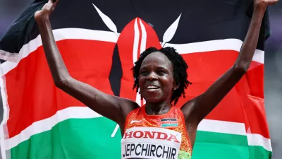 FILE PHOTO: World Athletics Championships Tokyo 2025 - Women's Marathon Final - Japan National Stadium, Tokyo, Japan - September 14, 2025 Kenya's Peres Jepchirchir celebrates after winning the Women's Marathon Final REUTERS/Sarah Meyssonnier   TPX IMAGES OF THE DAY/File Photo
