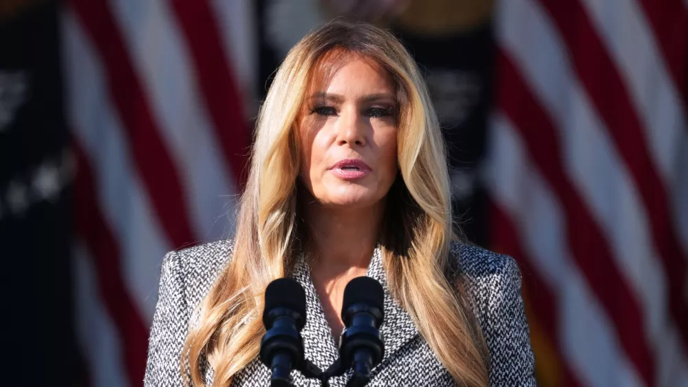 FILE - First lady Melania Trump speaks in the Rose Garden of the White House, Oct. 19, 2026, in Washington. (AP Photo/Mark Schiefelbein, File)