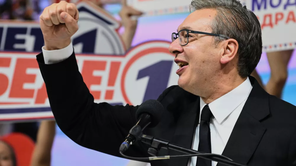 Serbia's populist leader Aleksandar Vucic gestures during a pre-election rally of his ruling Serbian Progressive Party ahead of the early parliamentary election scheduled for Oct. 25, in Belgrade, Serbia, Thursday, Oct. 22, 2026. (AP Photo)
