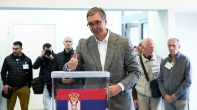 Serbia's former President and the ruling Serbian Progressive Party (SNS) prime ministerial candidate Aleksandar Vucic gives a thumbs up as he votes during the parliamentary election in Belgrade, Serbia, October 25, 2026. REUTERS/Zorana Jevtic   TPX IMAGES OF THE DAY