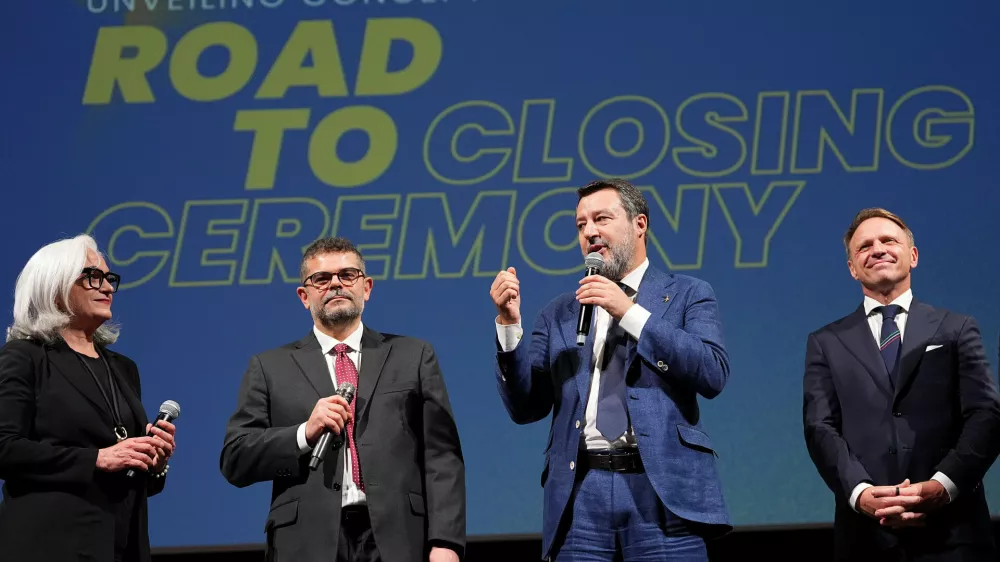 Matteo Salvini, second from right, speaks a during the press conference to present the closing ceremony of the Milano Cortina 2026 Winter Olympics, Thursday, Nov. 6, 2025, in Verona, Italy. (Spada/LaPresse via AP)