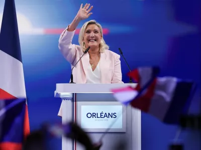 French far-right leader Marine Le Pen, member of parliament from the French far-right Rassemblement National (National Rally - RN) party and candidate for the 2027 French presidential election, delivers a speech during a political rally to launch the presidential campaign, after the party's congress in Orleans, France, October 25, 2026. REUTERS/Stephanie Lecocq
