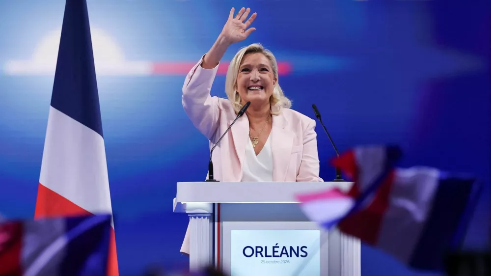 French far-right leader Marine Le Pen, member of parliament from the French far-right Rassemblement National (National Rally - RN) party and candidate for the 2027 French presidential election, delivers a speech during a political rally to launch the presidential campaign, after the party's congress in Orleans, France, October 25, 2026. REUTERS/Stephanie Lecocq