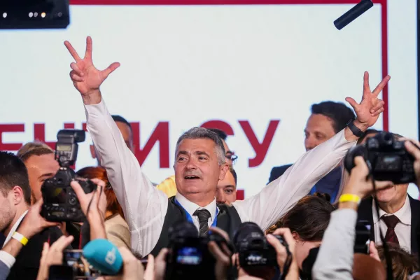 Ilija Srdanovic, first on the electoral list "Student List - Students Win", celebrates following the first results of the parliamentary election in Belgrade, Serbia, October 25, 2026. REUTERS/Djordje Kojadinovic     TPX IMAGES OF THE DAY