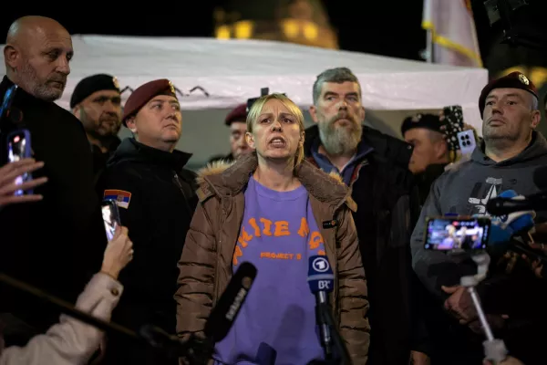 Dijana Hrka, mother of one of the victims of the fatal November 2024 railway station canopy collapse, speaks to media as she ends her hunger strike in front of the parliament building in Belgrade, Serbia, November 17, 2025. REUTERS/Marko Djurica