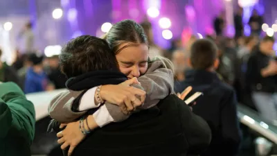 Supporters of the electoral list "Student List - Students Win" celebrate after Aleksandar Vucic, Serbian Progressive Party (SNS) prime ministerial candidate, conceded defeat in the parliamentary election in Belgrade, Serbia, October 26, 2026. REUTERS/Uros Arsic