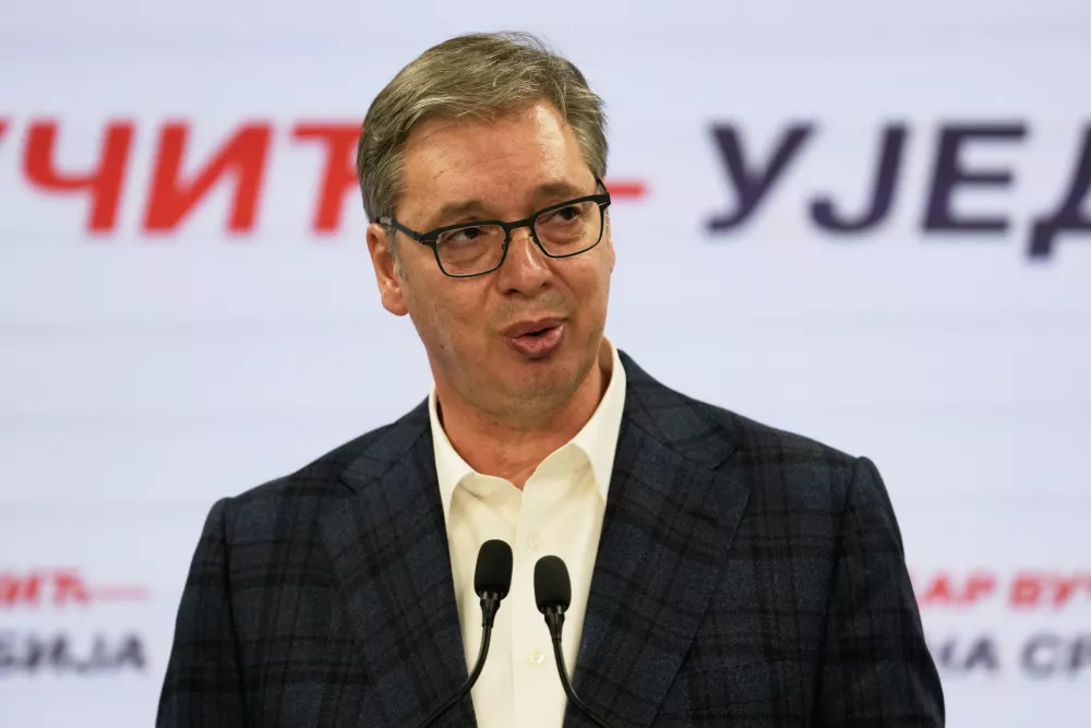 Aleksandar Vucic, leader of the right-wing Serbian Progressive Party (SNS) speaks at the party headquarters, conceding defeat in the parliamentary election in Belgrade, Serbia, Sunday, Oct. 25, 2026. (AP Photo/Darko Vojinovic)