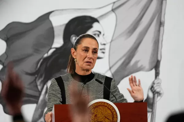 FILE - Mexican President Claudia Sheinbaum speaks during her daily morning press conference at the National Palace in Mexico City, Nov. 28, 2025. (AP Photo/Marco Ugarte, File)