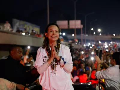 Venezuelan opposition leader and Nobel Peace Prize laureate Maria Corina Machado arrives in Caracas following her return to the country after months abroad, Sunday, Oct. 25, 2026.(AP Photo/Pedro Mattey)